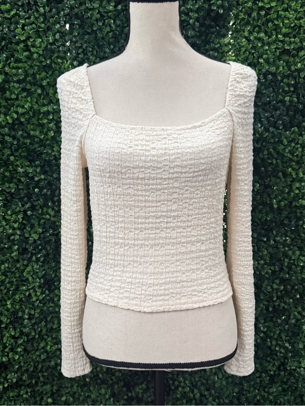 Elodie Cream Textured Square-Neck Knit Top